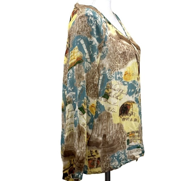 Couture by Cabernet yellow/tan/blue silk tunic, large, tropical, beach, holiday - Picture 2 of 5